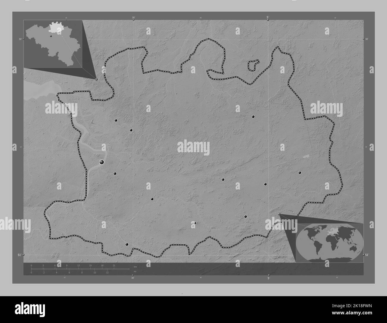 Antwerpen, province of Belgium. Grayscale elevation map with lakes and