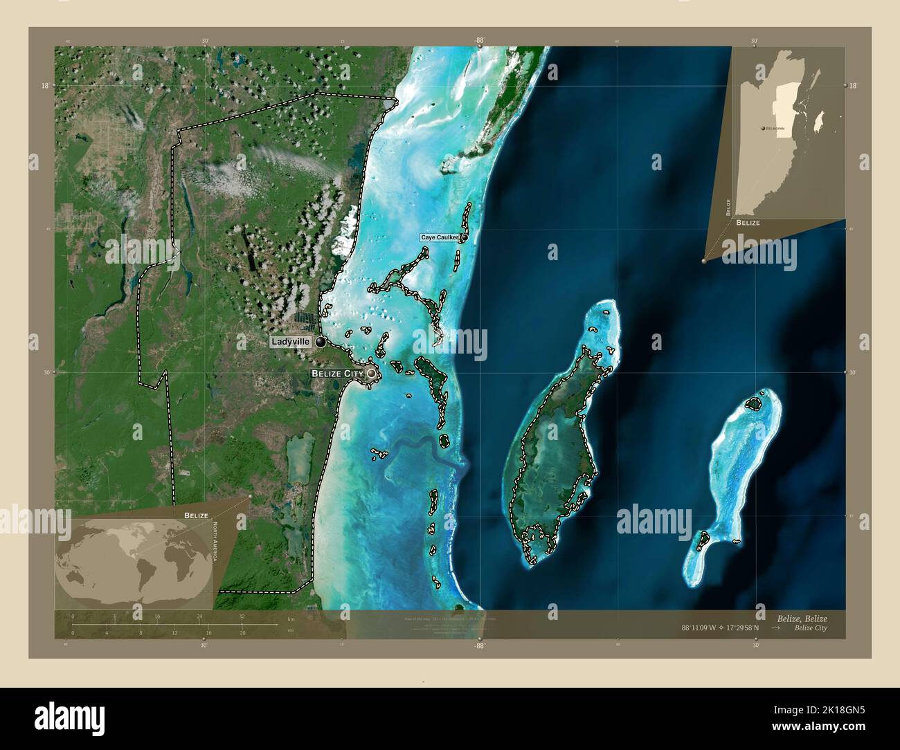 Belize District Of Belize High Resolution Satellite Map Locations Belize District Of Belize High Resolution Satellite Map Locations And Names Of Major Cities Of The Region Corner Auxiliary Location Maps 2K18GN5