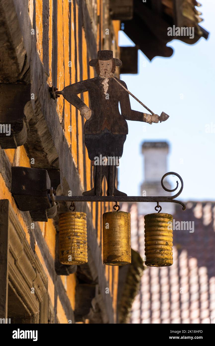 Tobacco store sign board Old Architecture in Den Gamle By, outdoor museum  in Aarhus, Denmark Stock Photo