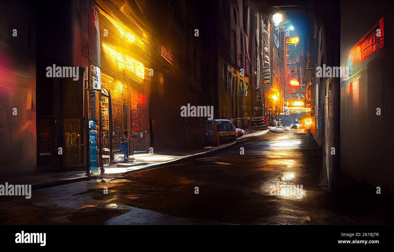 The tranquil scene of an alley in the big city with nightlight Stock Photo