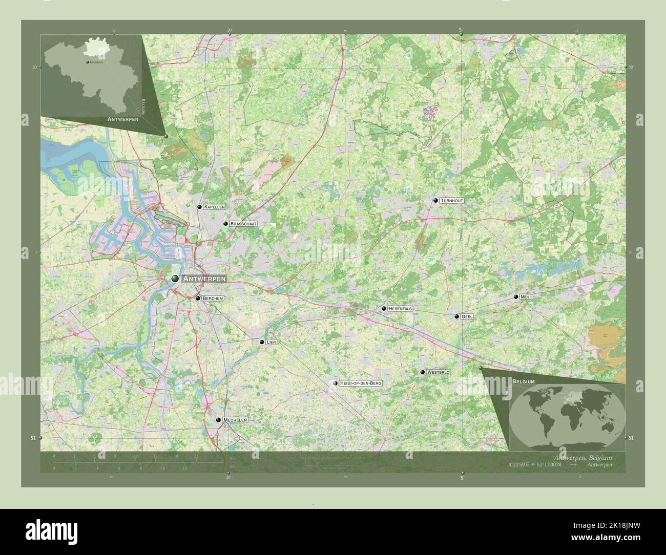 Antwerpen, province of Belgium. Open Street Map. Locations and names of