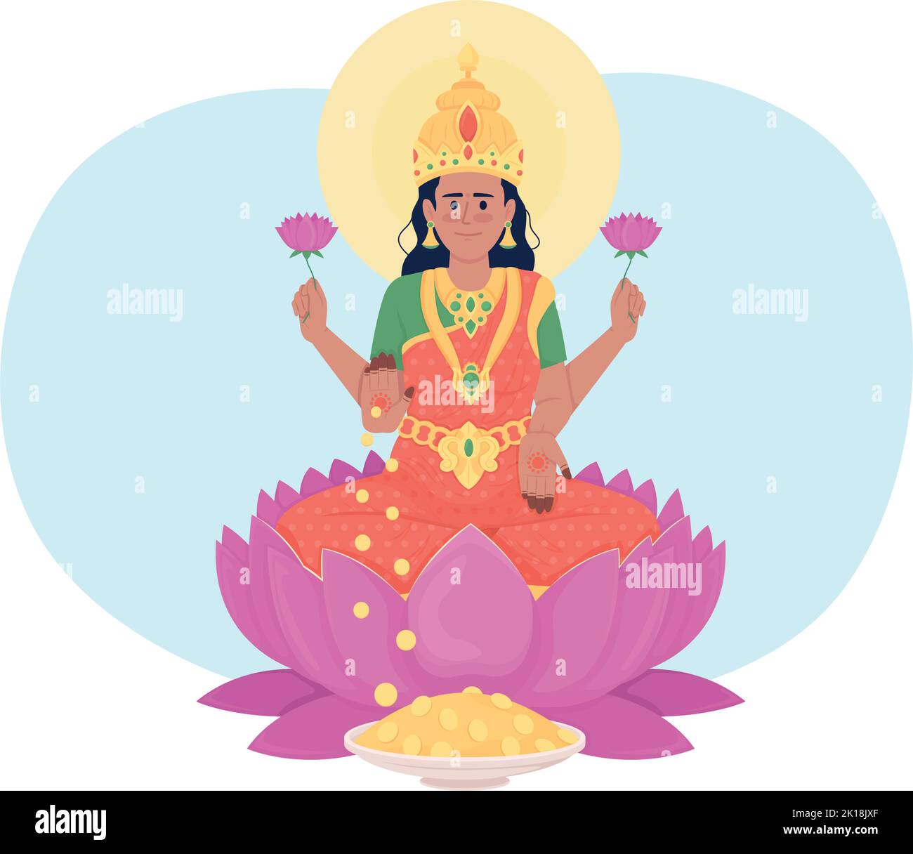 Lakshmi goddess on lotus flower 2D vector isolated illustration Stock Vector