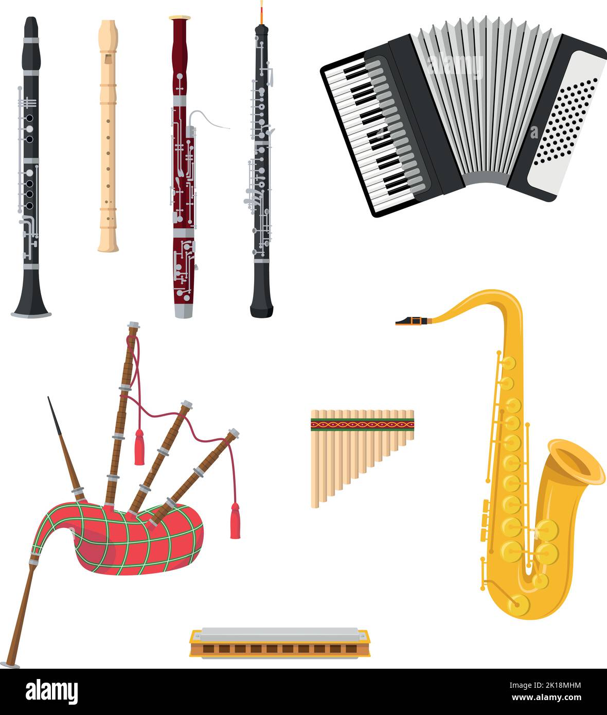 Vector illustration set of woodwind musical instruments in cartoon