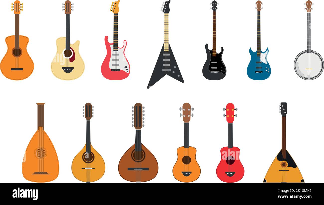 Vector illustration set of string instruments playing by plucking the