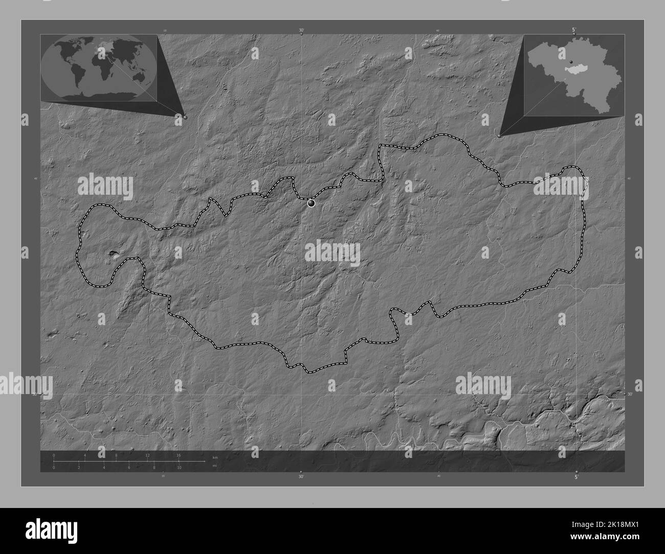 Brabant Wallon, province of Belgium. Bilevel elevation map with lakes