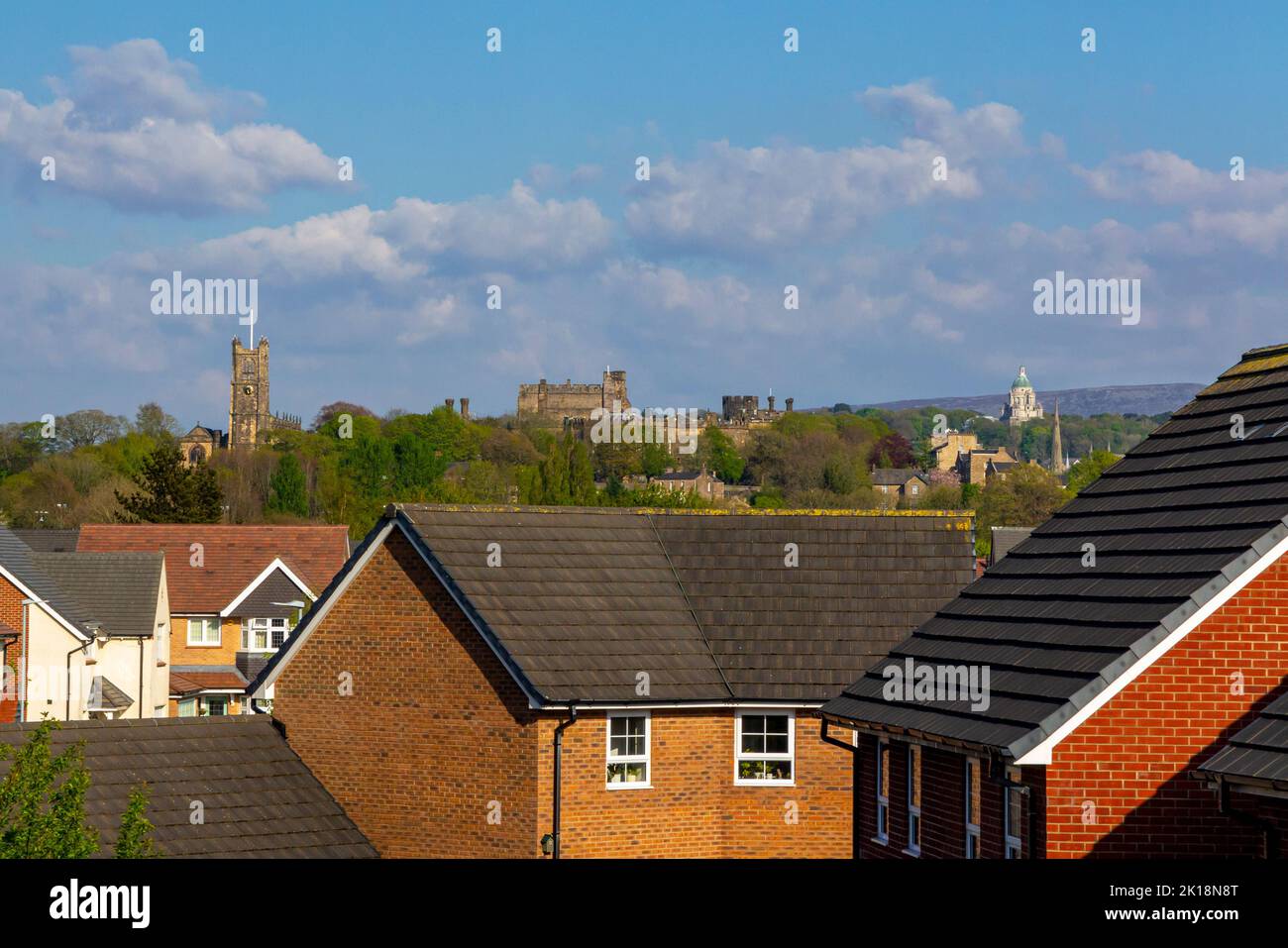 View across rooftops in the City of Lancaster Lancashire England UK