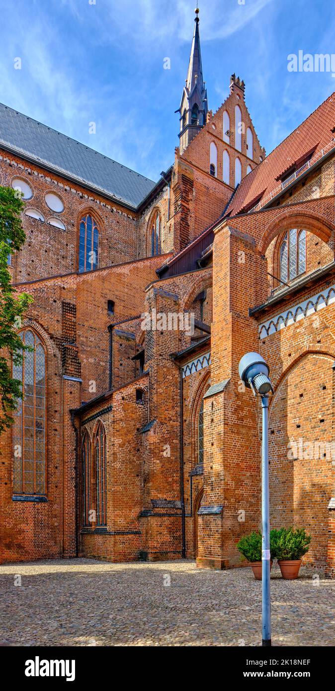 Partial view of the Georgenkirche (Church of St. George), a typical example of Brick Gothic architecture, Old Town of Wismar, Germany. Stock Photo