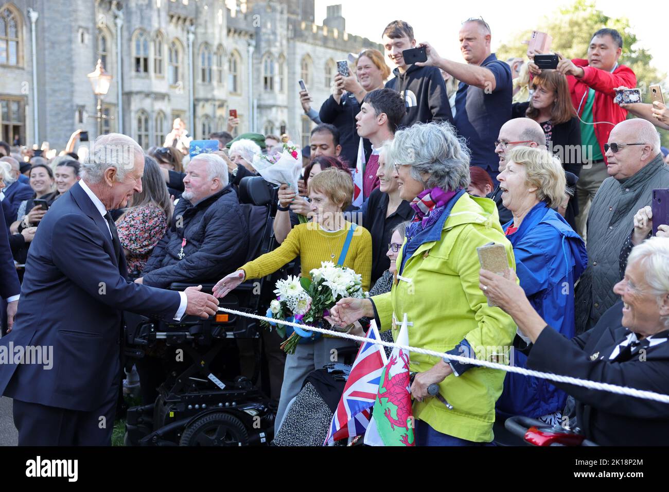 King Charles III meets members of the public during a visit to Cardiff Castle in Wales. Picture date: Friday September 16, 2022. Stock Photo