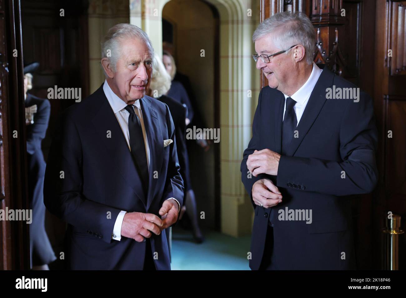 King Charles III and First Minister of Wales Mark Drakeford (right) during a reception for local charities at Cardiff Castle in Wales. Picture date: Friday September 16, 2022. Stock Photo