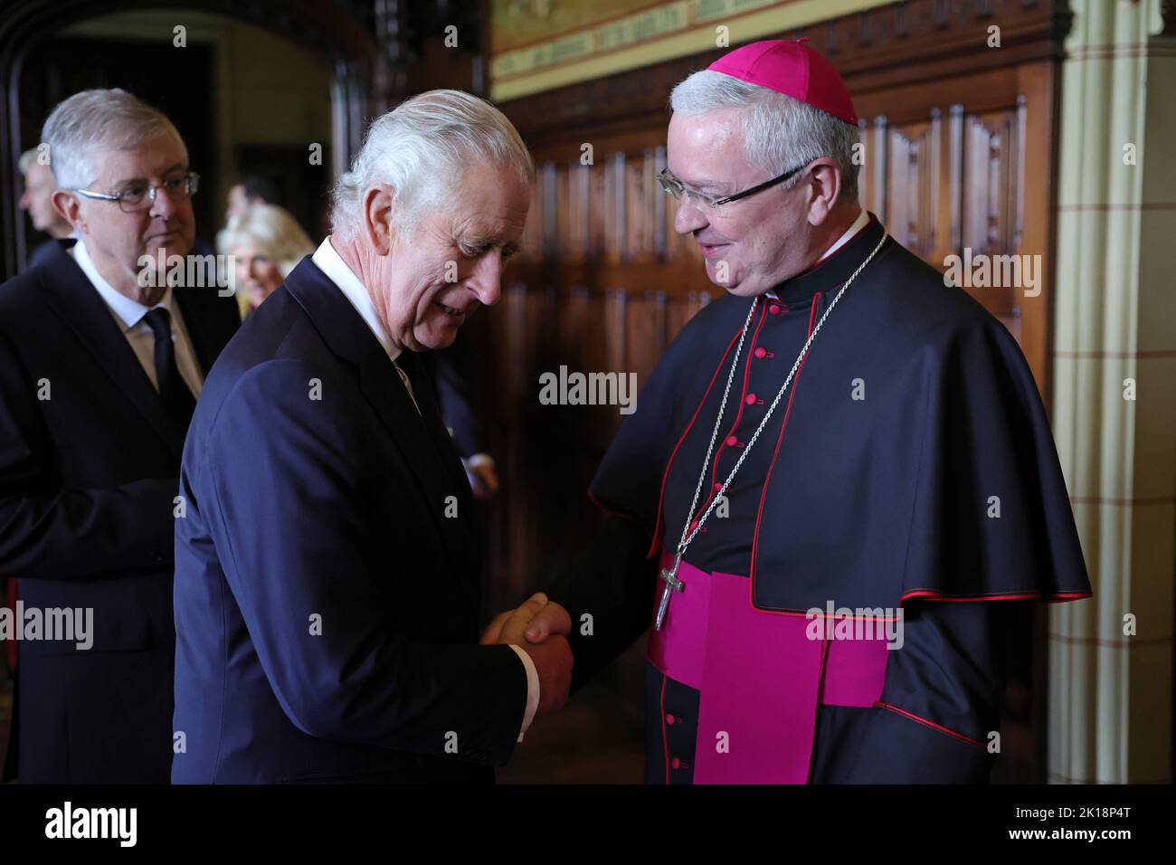 King Charles III meets Archbishop of Cardiff Mark O'Toole (right) during a reception for local charities at Cardiff Castle in Wales. Picture date: Friday September 16, 2022. Stock Photo