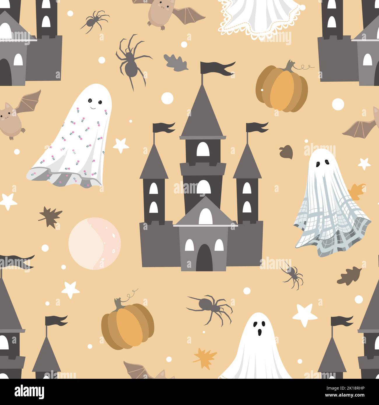 Cute pattern for Halloween. Castles, ghosts, bats, and pumpkins. Vector illustration Stock Vector