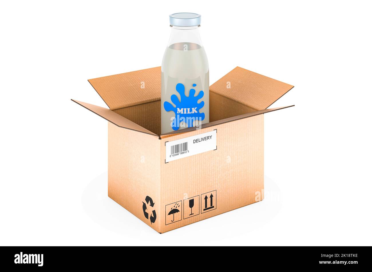 Glass milk bottle inside parcel, delivery concept. 3D rendering