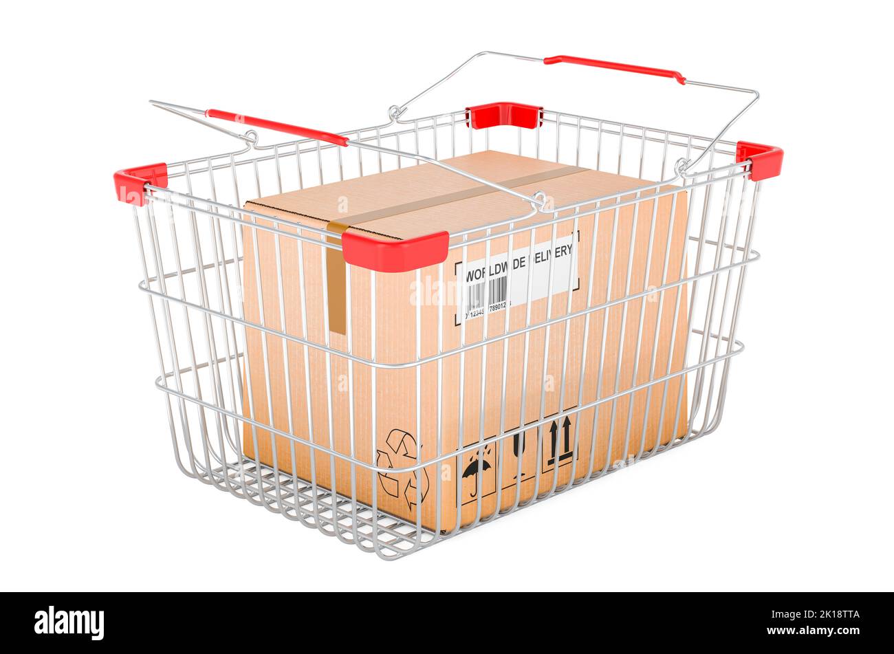 Shopping basket with parcel, order and delivery concept. 3D rendering