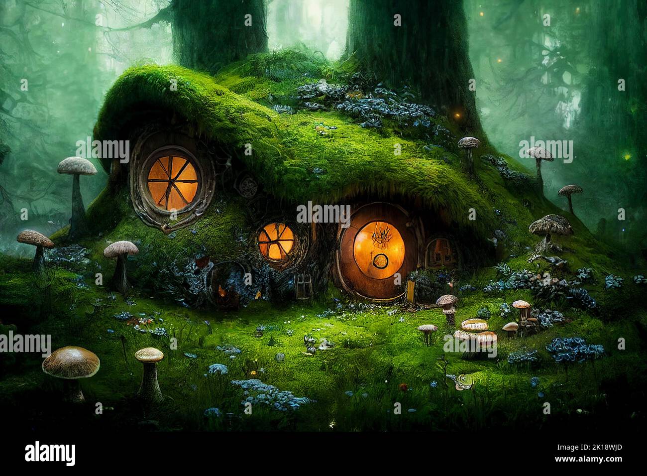 Hobbit house in the forest 3d illustration. AI generated computer graphics Stock Photo