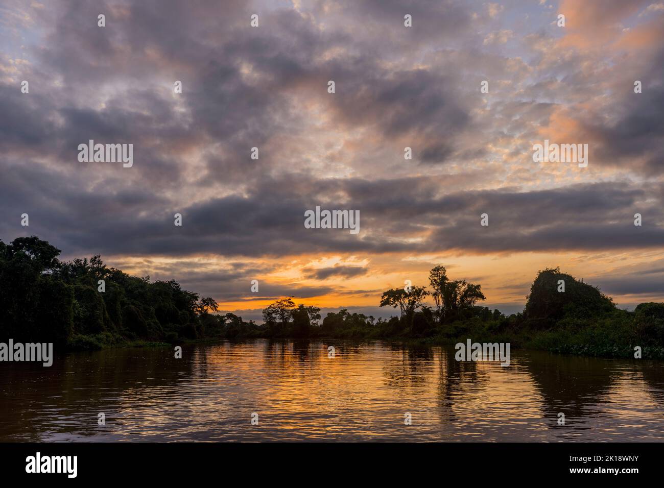 Sunset over the Cuiaba River near Porto Jofre in the northern Pantanal, Mato Grosso province in Brazil. Stock Photo