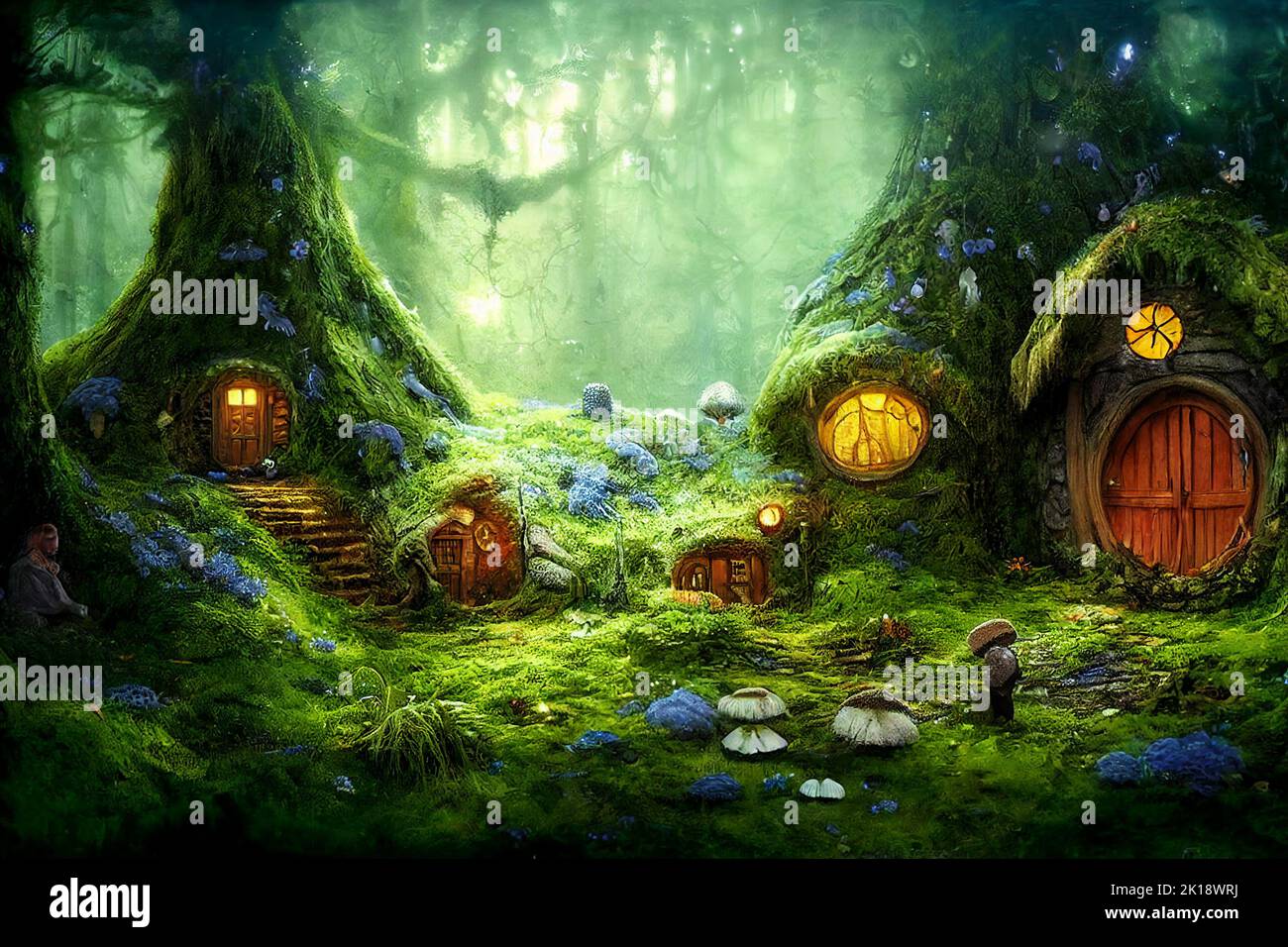 Fantasy tree house with light in a dense forest. AI generated computer graphics. 3D rendering. Stock Photo
