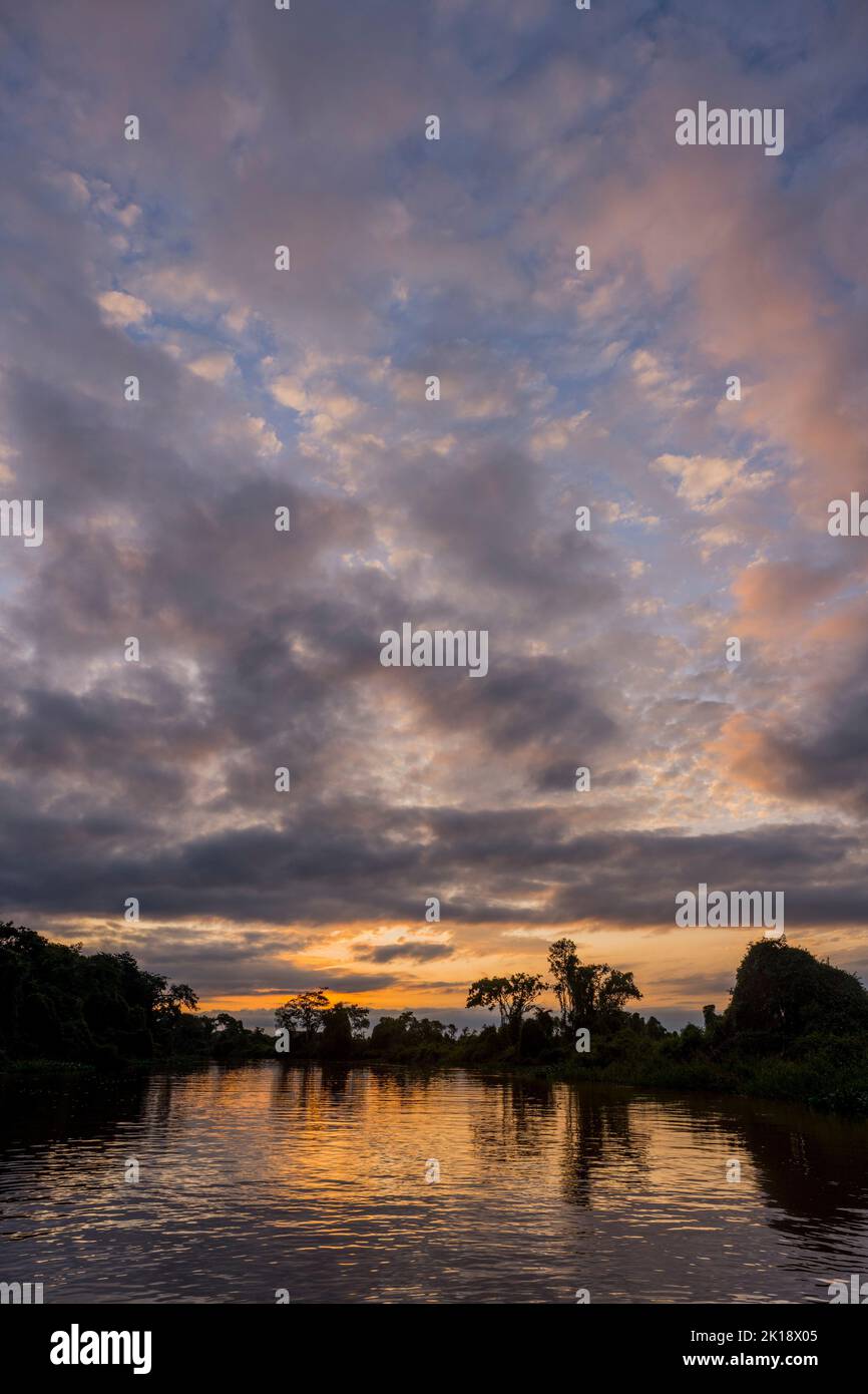 Sunset over the Cuiaba River near Porto Jofre in the northern Pantanal, Mato Grosso province in Brazil. Stock Photo