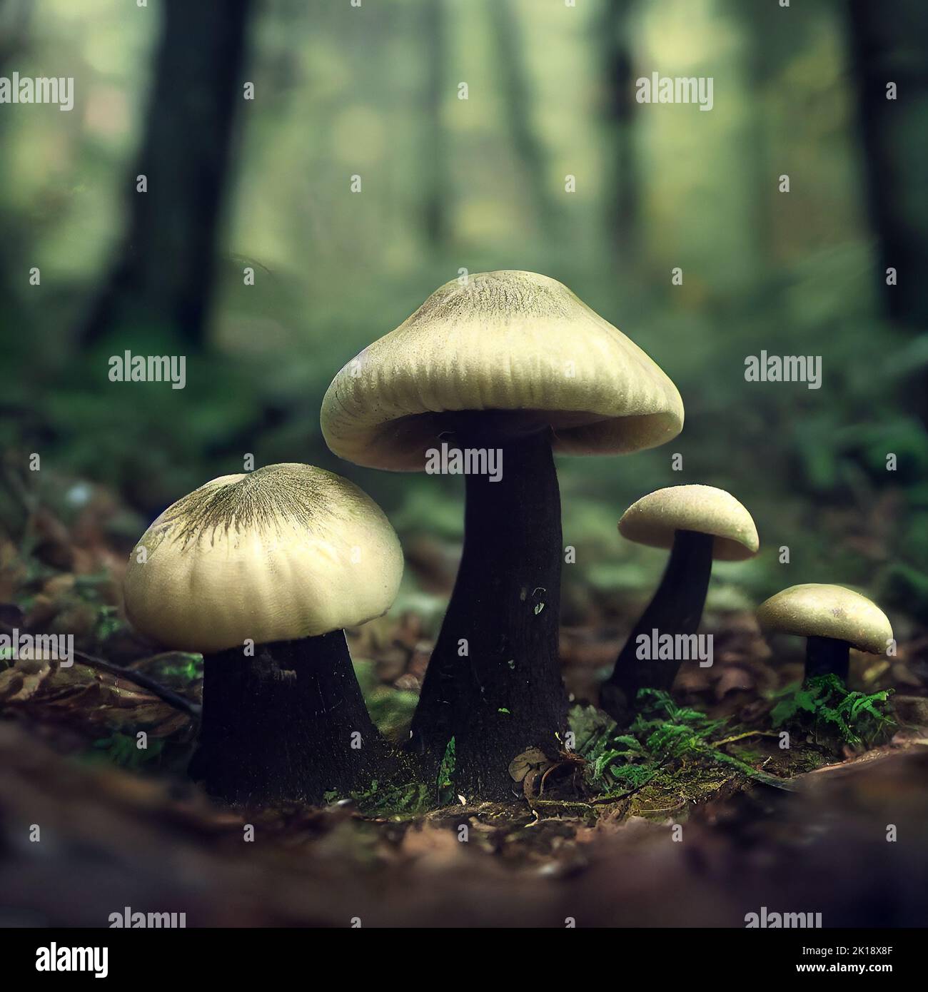 Mushrooms in the forest. AI generated computer graphics. 3D rendering. Stock Photo