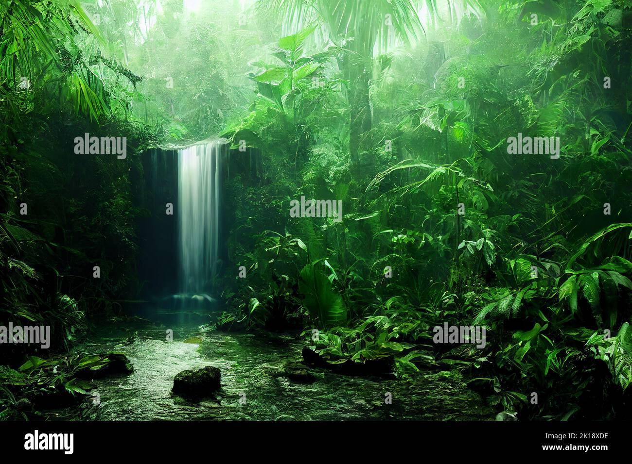 Beautiful waterfall in green forest in jungle. AI generated art illustration Stock Photo