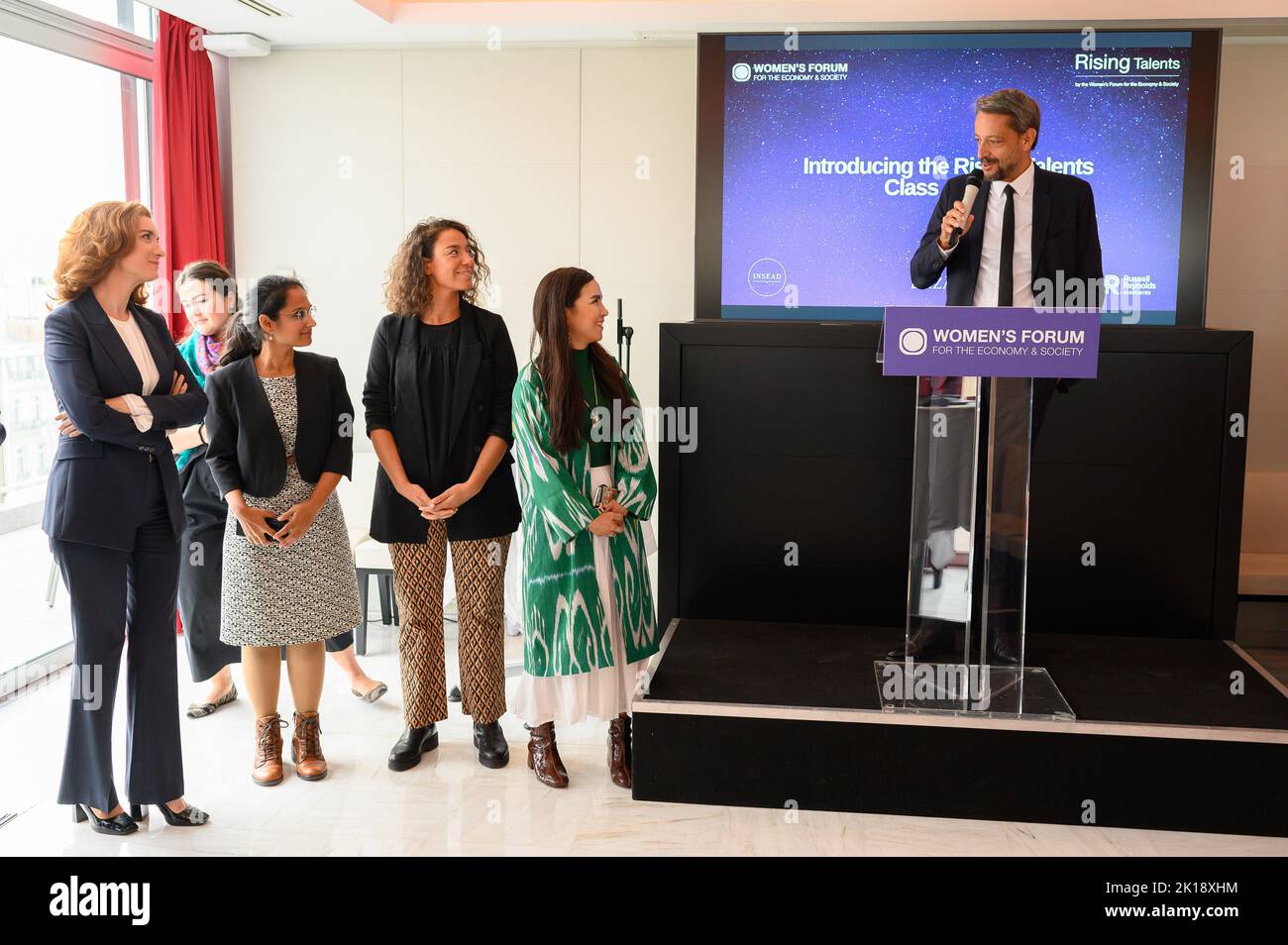 Souad Boutegrabet, CEO of Des Codeuses, Anne-Gabrielle Heilbronner, General Secretary of Publicis Groupe, Christel Heydemann, CEO of Orange, Fatimah Hossaini, Afghan artist and activist, Mastooraat , Jean-Marie Girodolle, Nupur Kohli, Dutch Founder and Director of NIIS Healthcare and Anne-Laure de Chammard, CEO of Energy Solutions International, ENGIE, at the Women's Forum Rising Talents event in Paris, France on September 16, 2022. Photo by Laurent Zabulon/ABACAPRESS.COM Stock Photo
