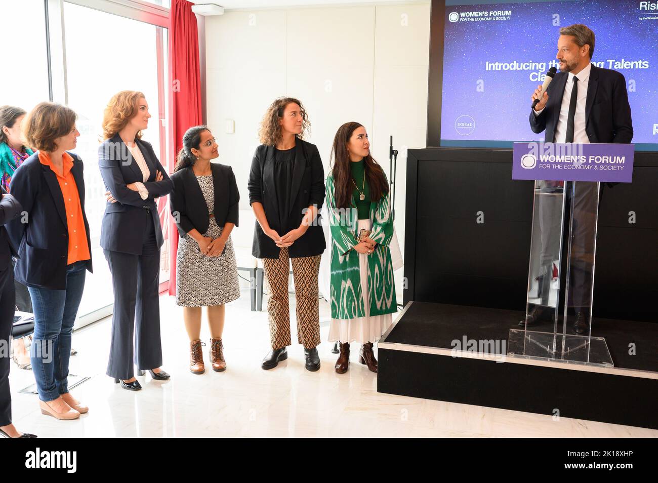 Souad Boutegrabet, CEO of Des Codeuses, Anne-Gabrielle Heilbronner, General Secretary of Publicis Groupe, Christel Heydemann, CEO of Orange, Fatimah Hossaini, Afghan artist and activist, Mastooraat , Jean-Marie Girodolle, Nupur Kohli, Dutch Founder and Director of NIIS Healthcare and Anne-Laure de Chammard, CEO of Energy Solutions International, ENGIE, at the Women's Forum Rising Talents event in Paris, France on September 16, 2022. Photo by Laurent Zabulon/ABACAPRESS.COM Stock Photo