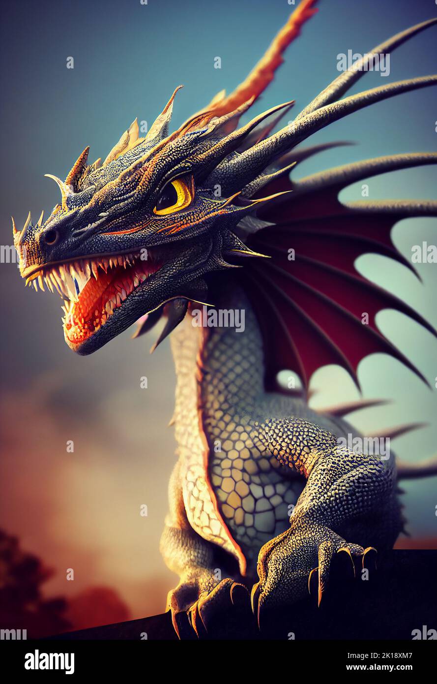 Fantasy dragon art digital illustration. Ai generated, 3D rendering Stock Photo