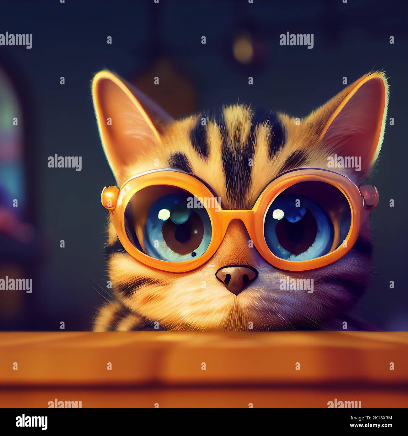 Cute adorable cat with glasses. AI generated computer graphics. 3D rendering. Stock Photo