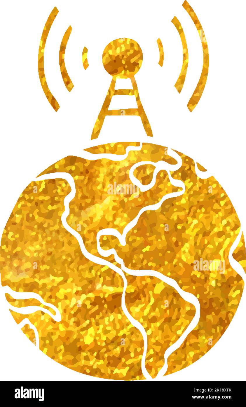 Hand drawn Globe icon in gold foil texture vector illustration Stock Vector