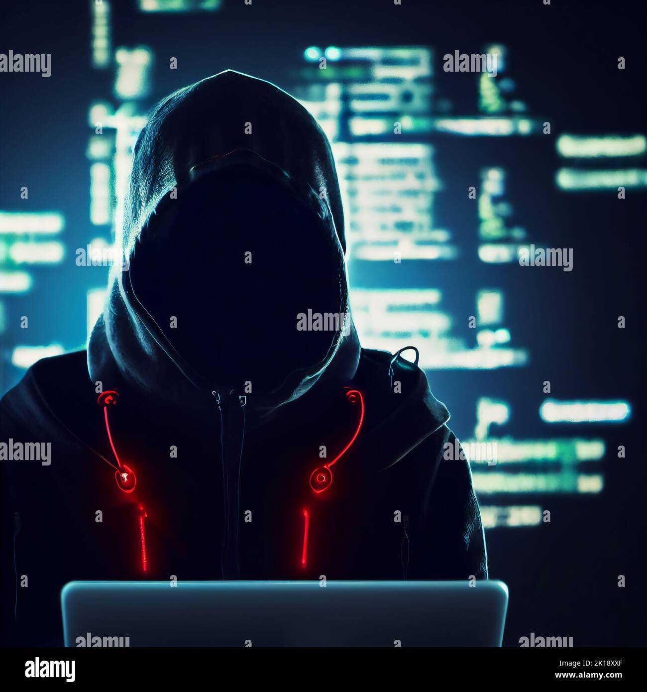 Hacker in black clothes with hidden face looks at laptop screen. AI generated computer graphics. 3D rendering. Stock Photo