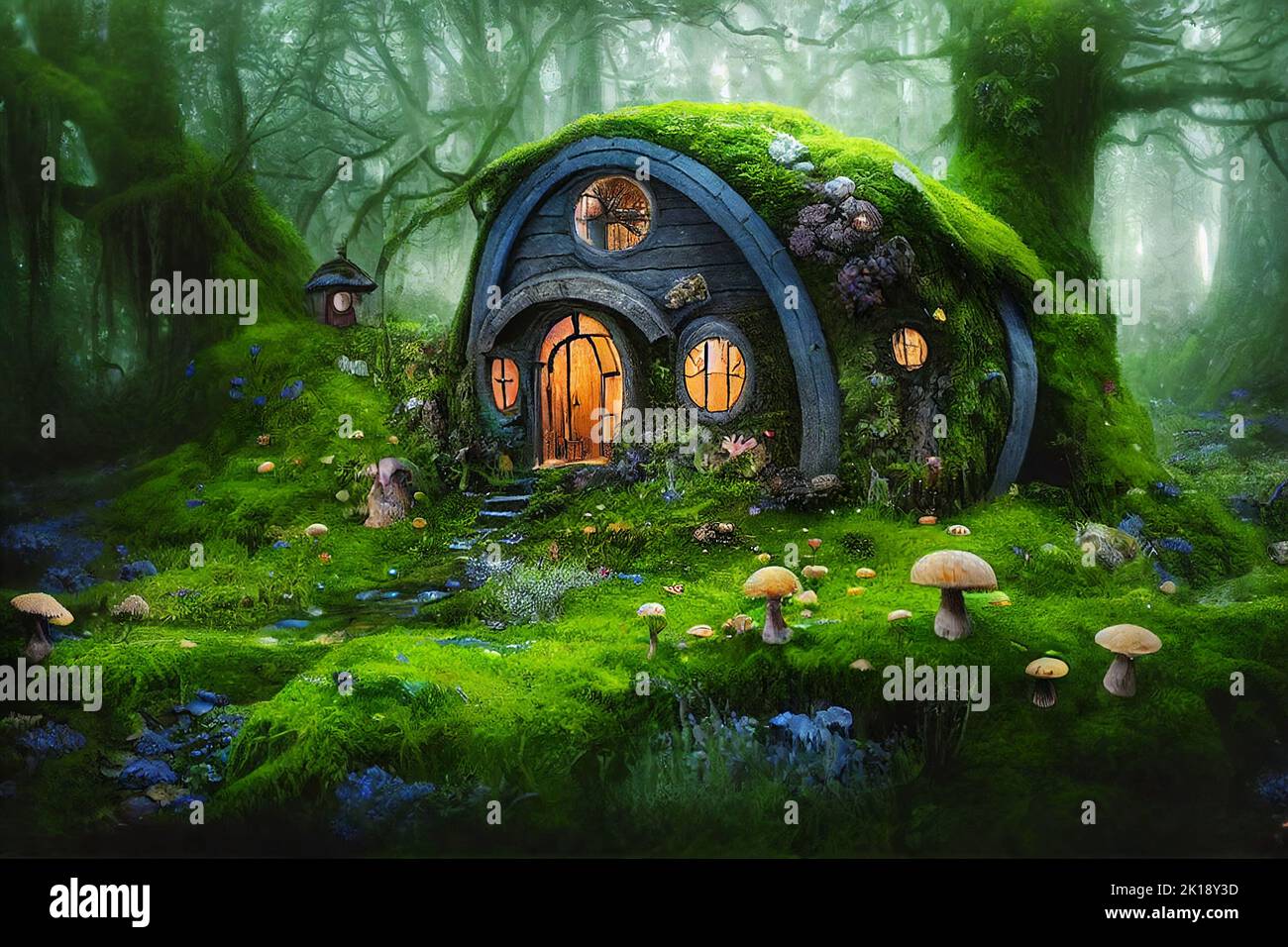 Fantasy fairy tale 3d illustration house in the forest. AI generated computer graphics. 3D rendering. Stock Photo