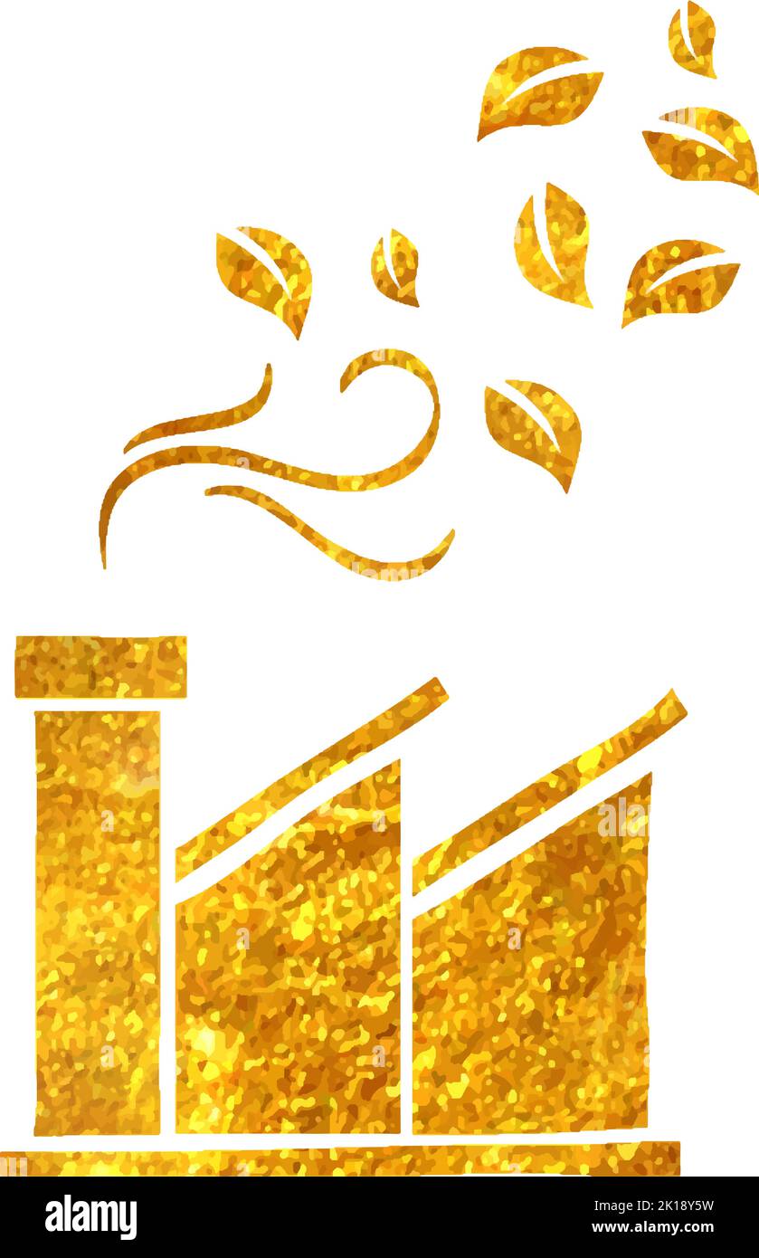 Hand drawn Green factory icon in gold foil texture vector illustration ...