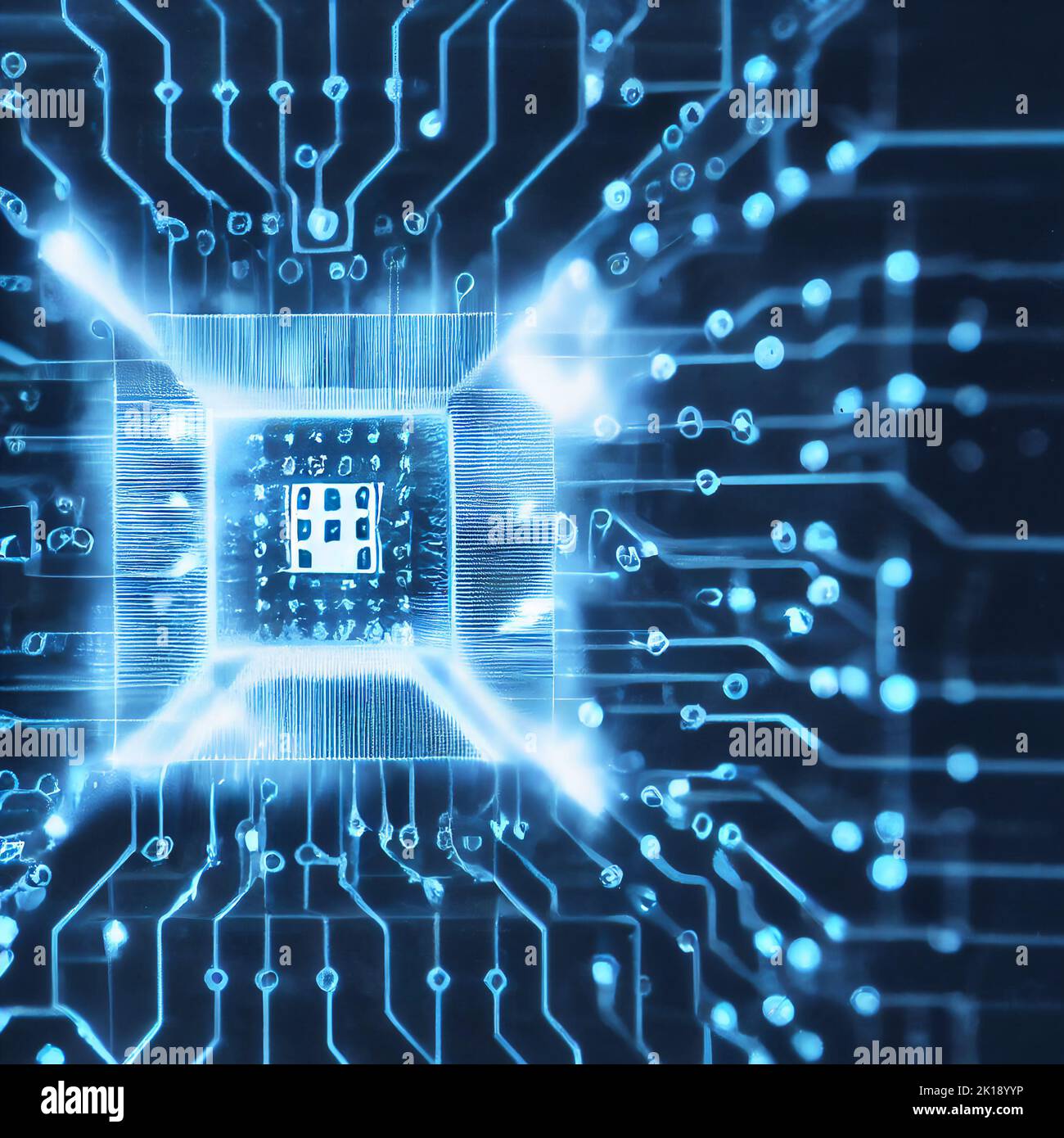 Blue background with circuit board with light raysAI generated computer graphics. 3D rendering. Stock Photo