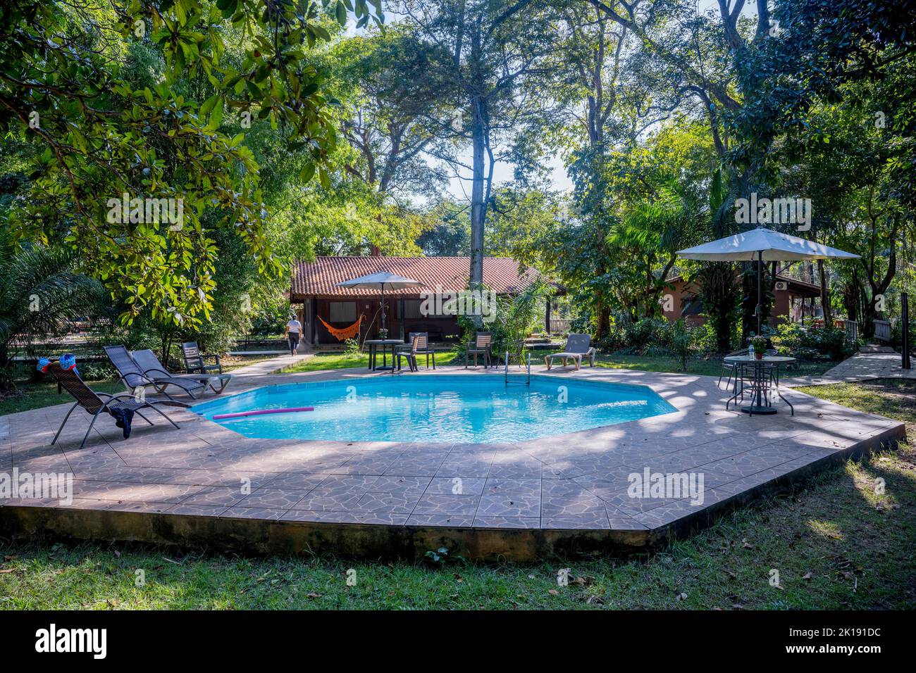 The swimming pool at the Aymara Lodge in the northern Pantanal, Mato Grosso province in Brazil. Stock Photo