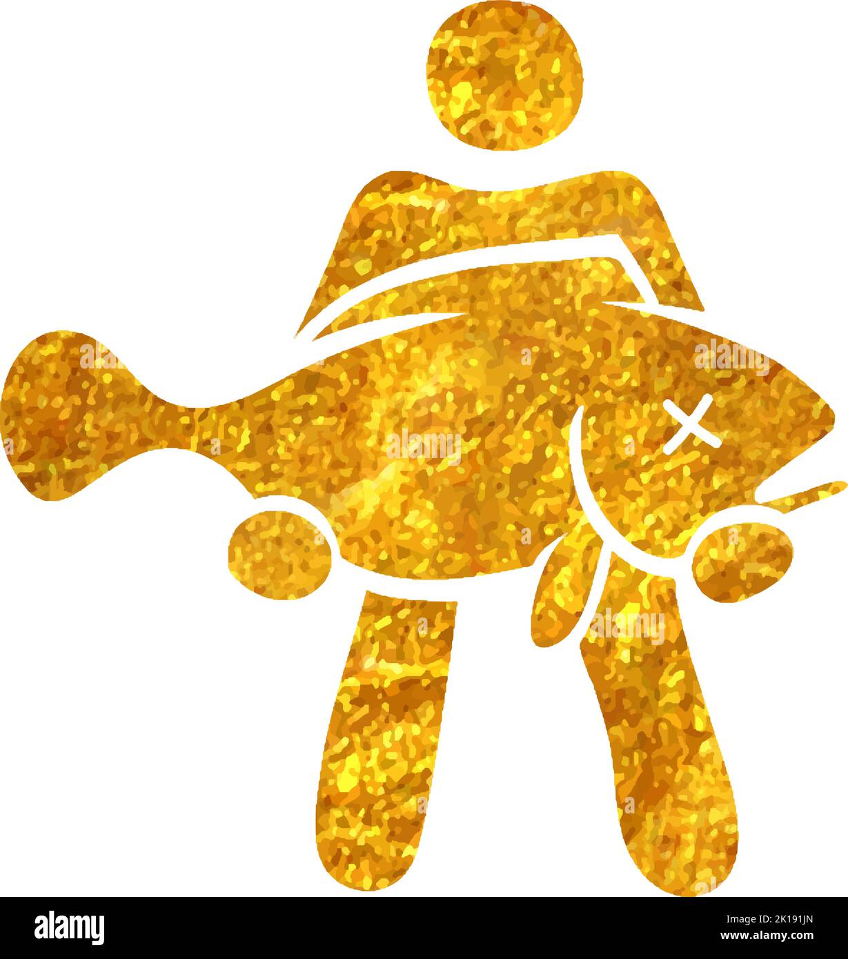 Hand drawn Man holding fish icon in gold foil texture vector ...