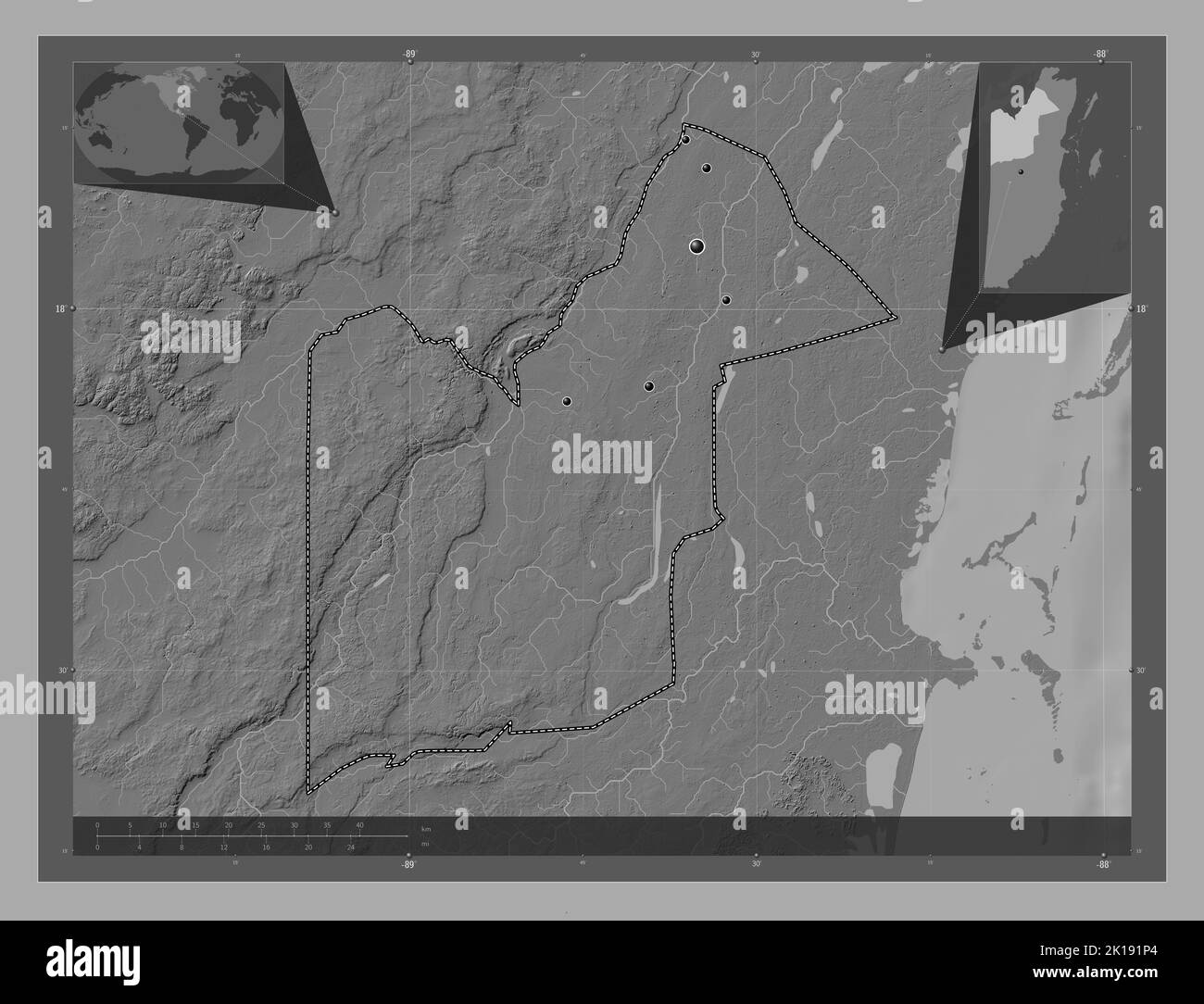 Orange Walk, district of Belize. Bilevel elevation map with lakes and ...