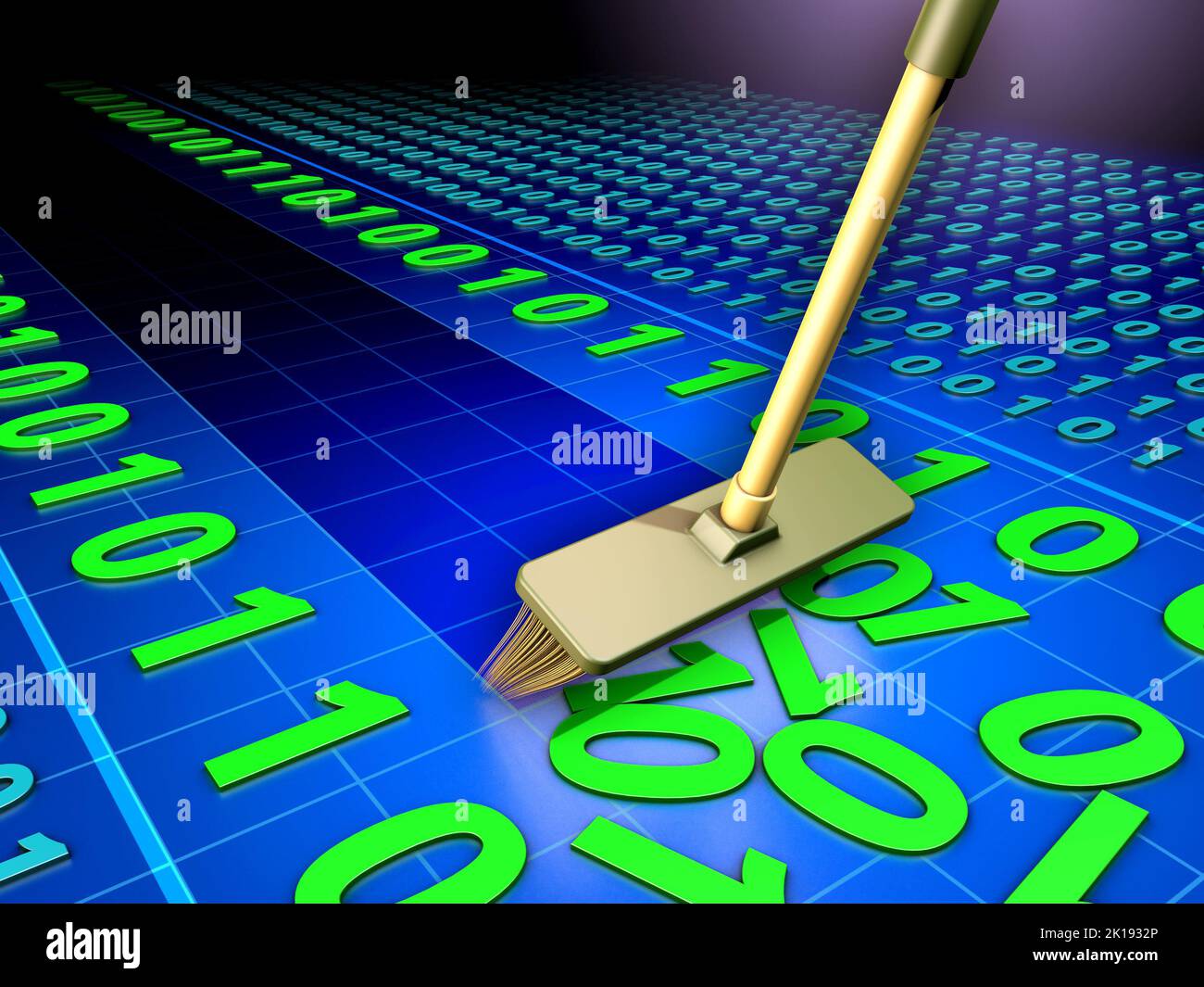 Cleaning some binary code using a broom. Digital illustration. Stock Photo