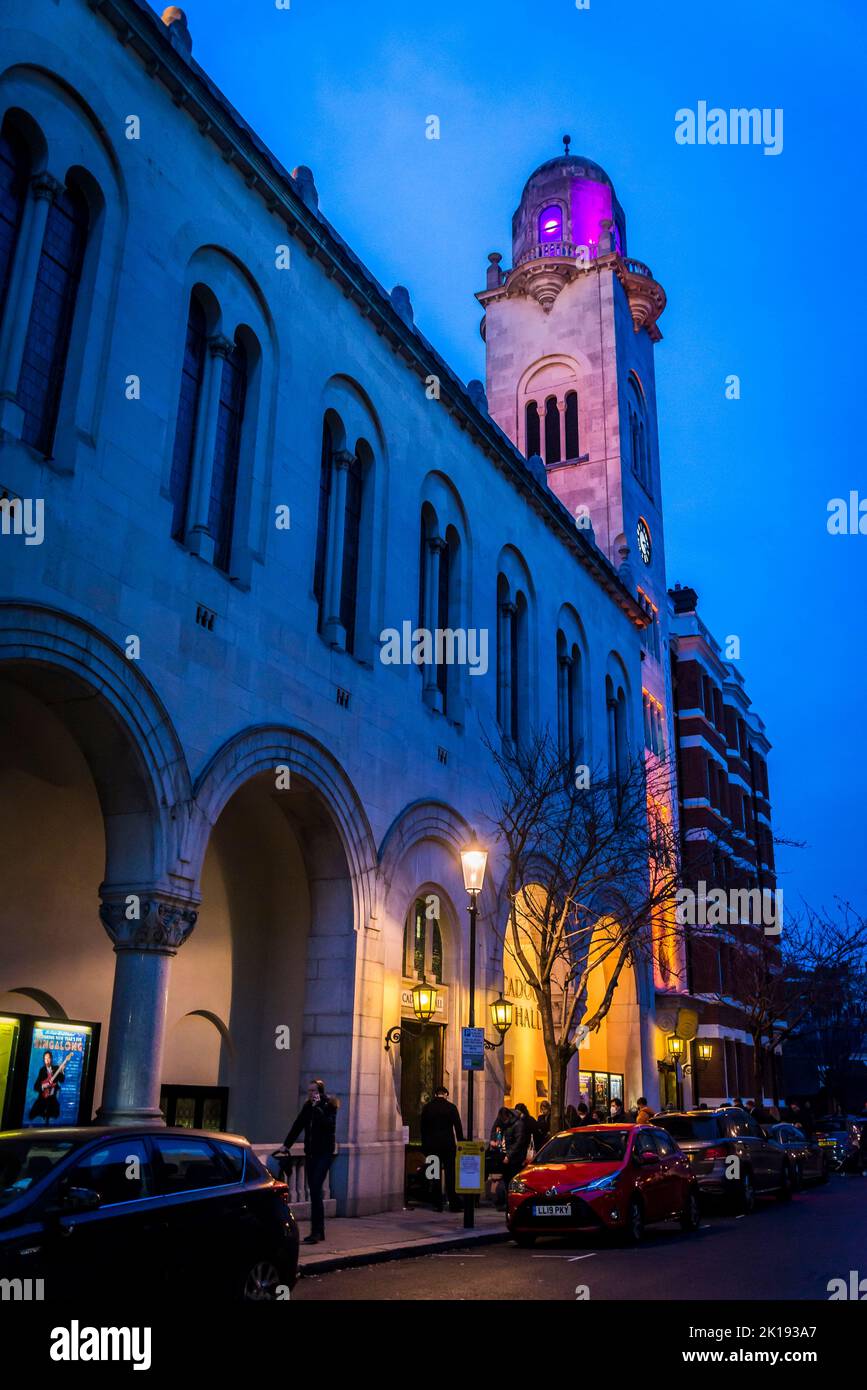 Colourfully illuminated Cadogan Hall, a concert hall in Sloane Terrace, London, England, UK Stock Photo