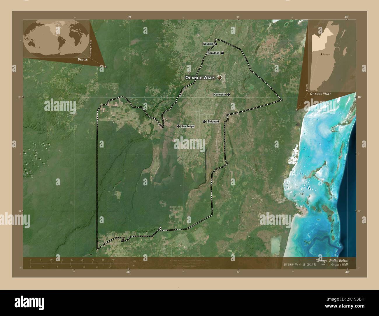 Orange Walk, district of Belize. Low resolution satellite map ...