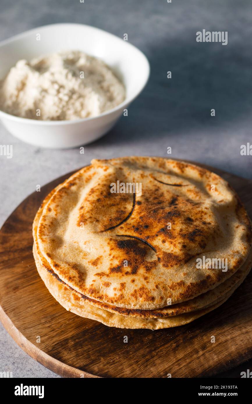 selective focus of Indian flat bread Roti or Chapati. Stock Photo