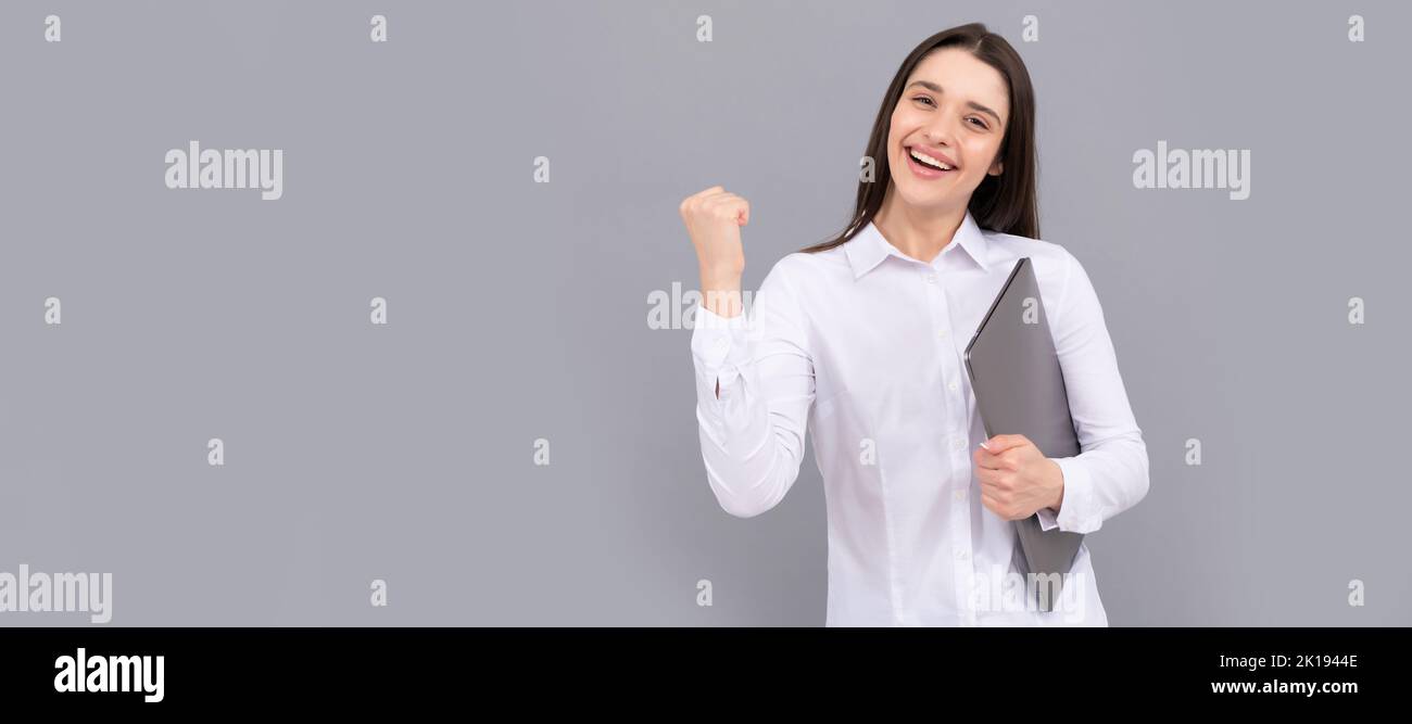 Woman isolated face portrait, banner with mock up copy space. office manager in white shirt. concept of agile business. successful woman working Stock Photo