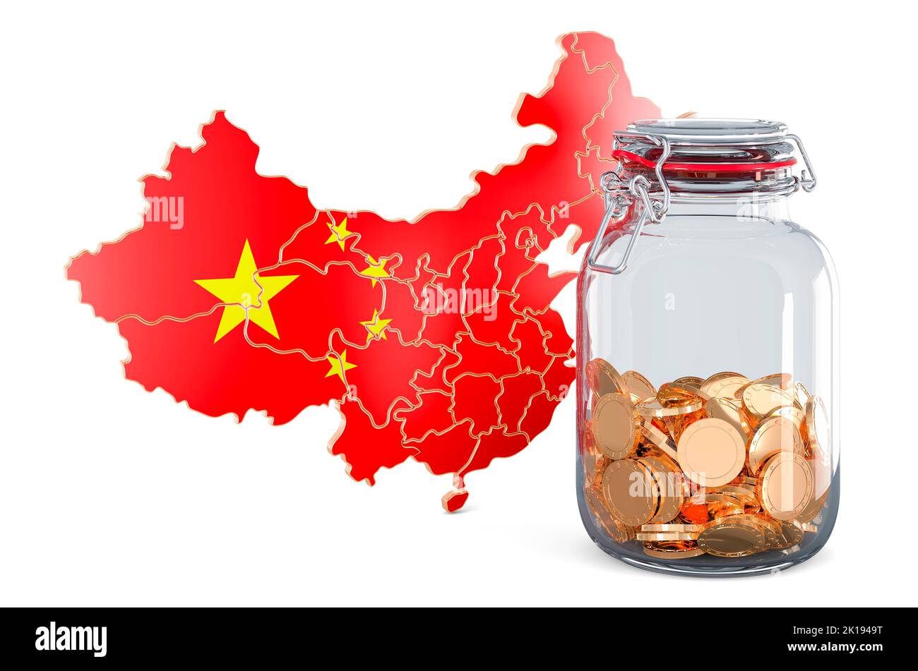 Chinese map with glass jar full of golden coins, 3D rendering isolated on white background Stock Photo