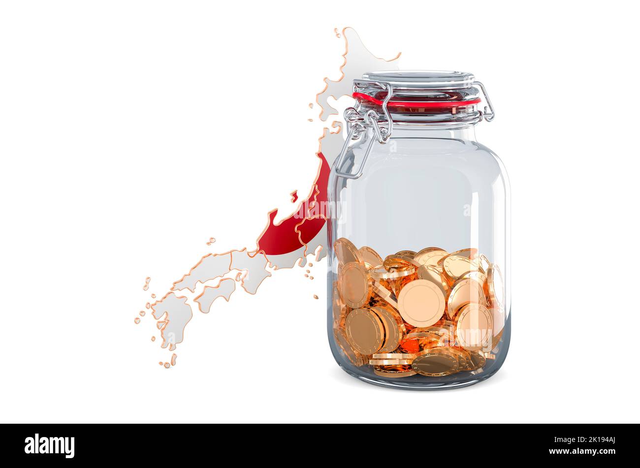 Japanese map with glass jar full of golden coins, 3D rendering isolated on white background Stock Photo