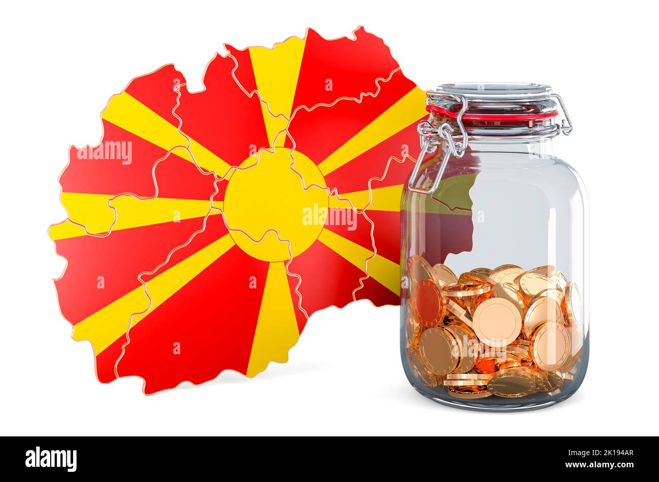 Macedonian map with glass jar full of golden coins, 3D rendering