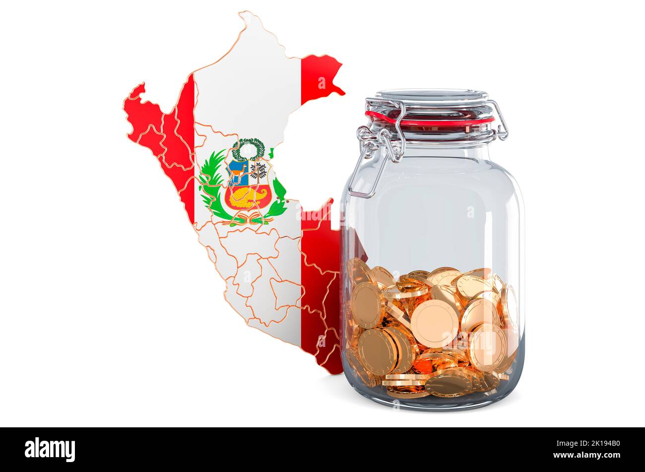 Peruvian map with glass jar full - Peruvian Map With Glass Jar Full Of Golden Coins 3d Rendering Isolated On White Background 2K194B0 