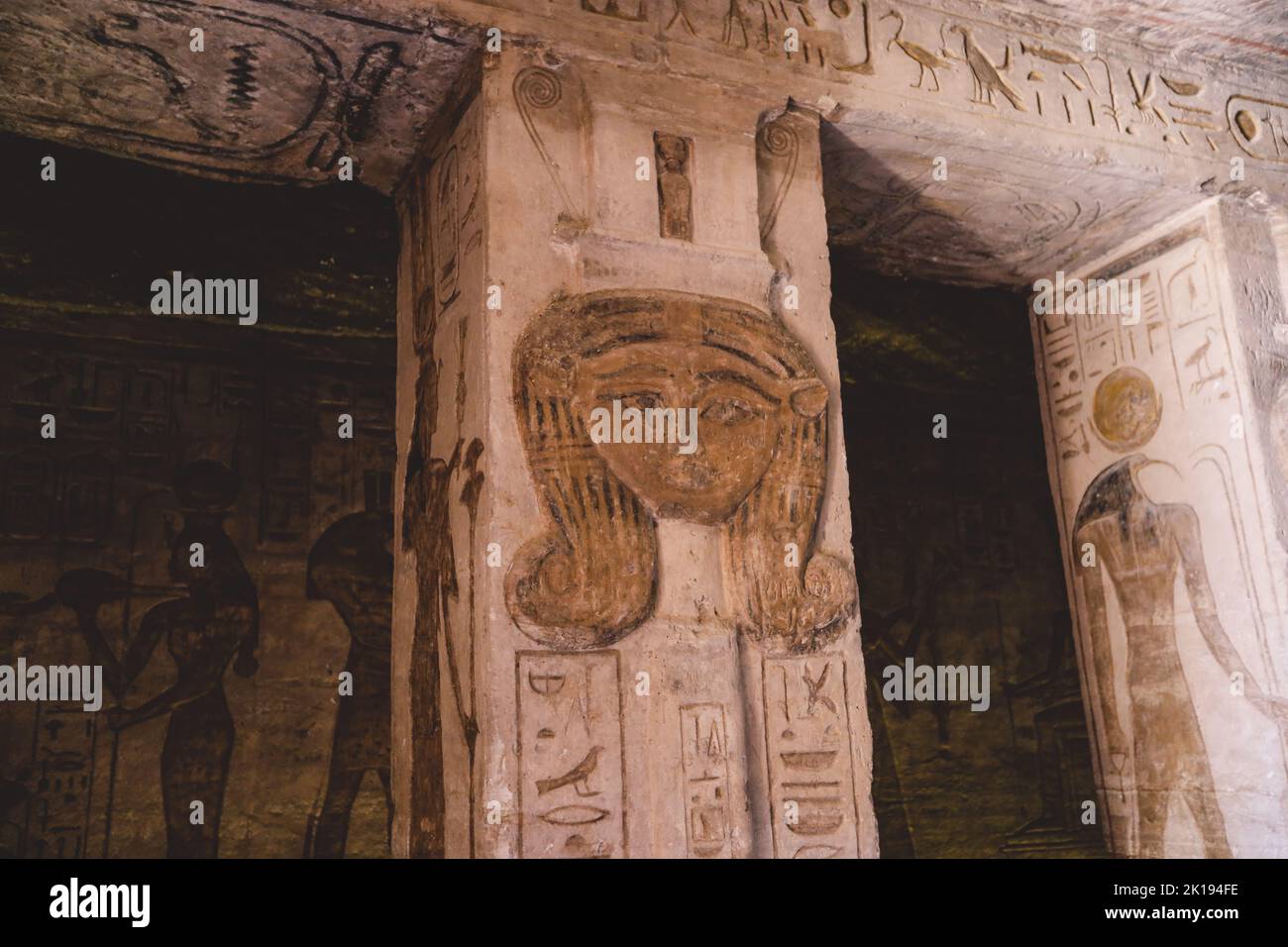 Ancient Egyptian Drawing on the Walls of the Great Temple at Abu Simbel, Egypt Stock Photo