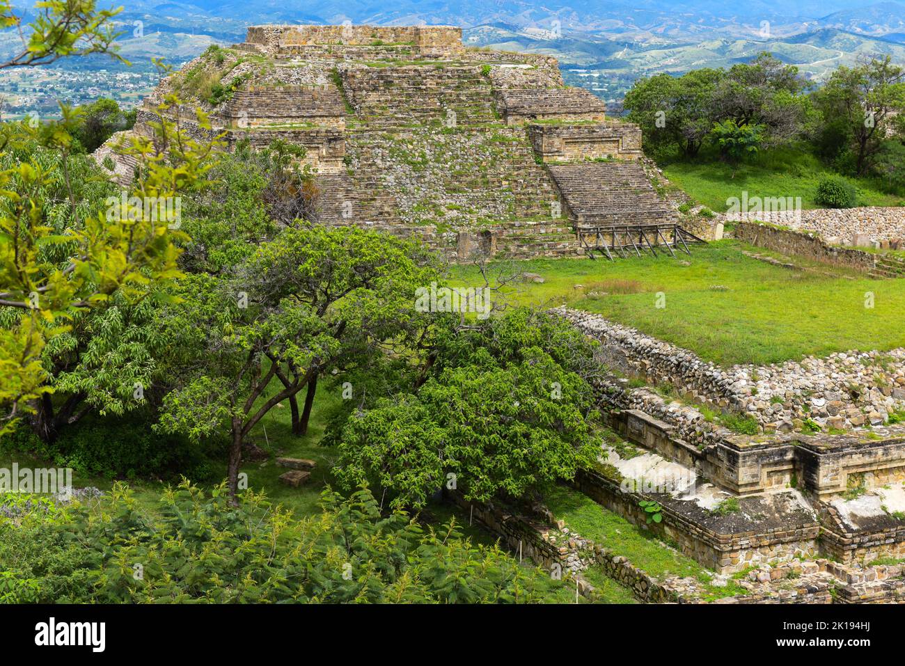 Zapotec pyramid, view from the South platform, Monte Alban archeological site, Oaxaca México Stock Photo