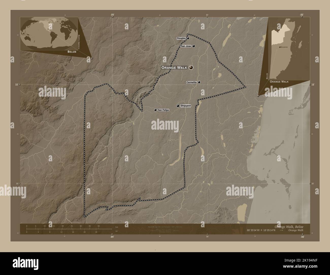 Orange Walk, district of Belize. Elevation map colored in sepia tones ...