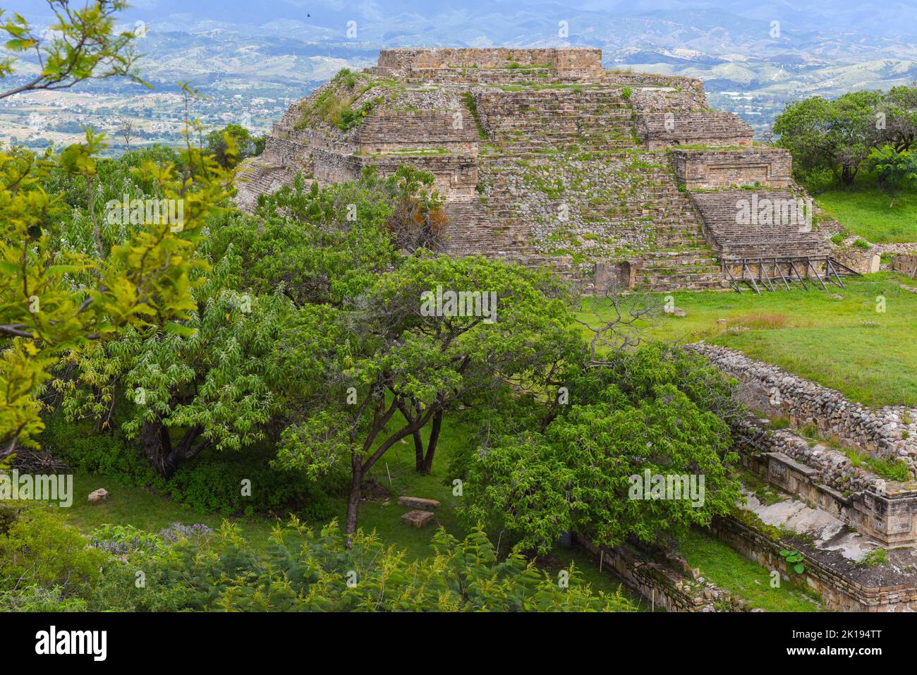 Zapotec pyramid, view from the South platform, Monte Alban archeological site, Oaxaca México Stock Photo