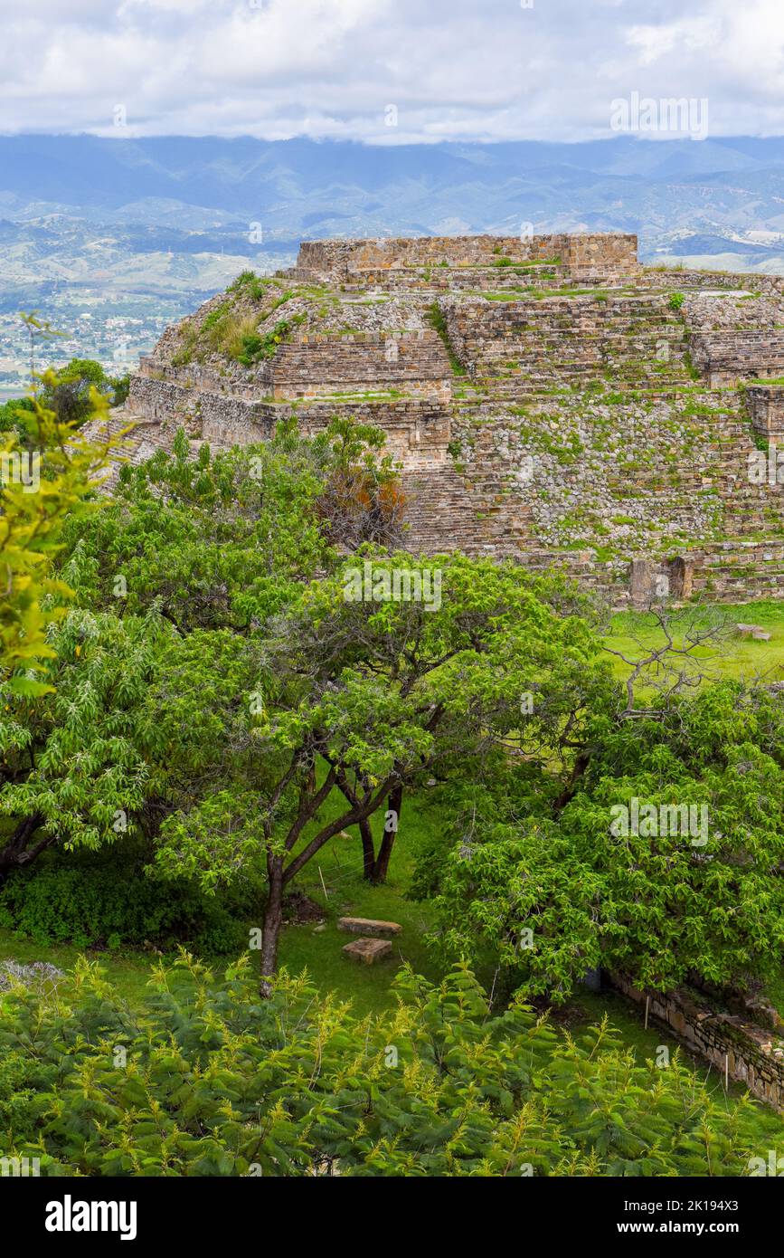 Zapotec pyramid, view from the South platform, Monte Alban archeological site, Oaxaca México Stock Photo