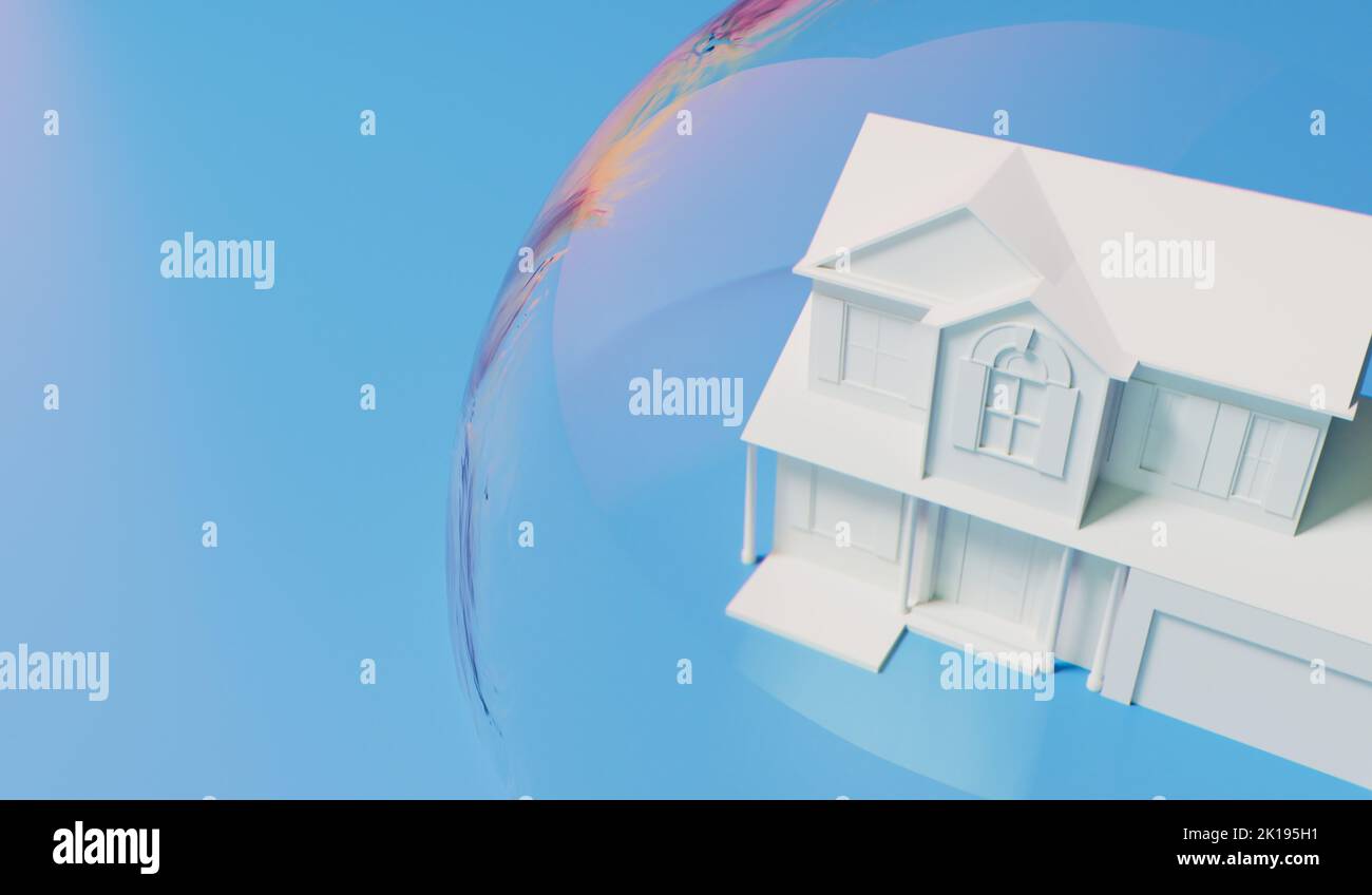 Housing bubble concept. White home in a transparent bubble. Property